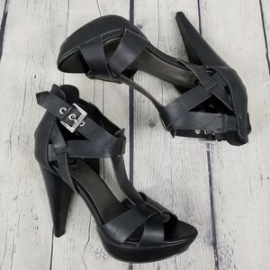 G by GUESS | strappy buckle open toe zip heels